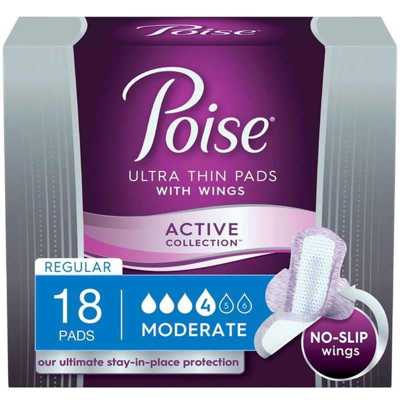 Poise Pads, Ultra Thin, with Wings, 4: Moderate, Regular Length (18 ...